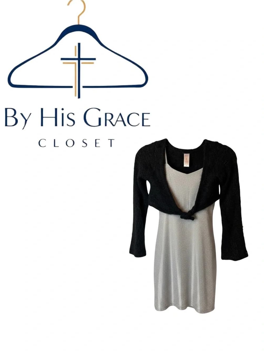 Justice Silver Shimmer Slip Dress with Black Cropped Cardigan